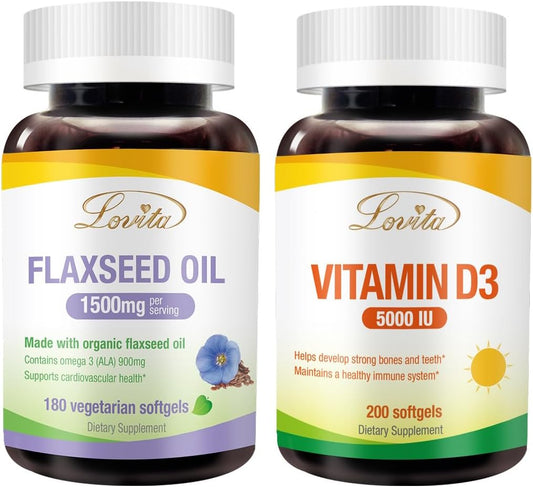 Flaxseed Oil and Vitamin D3 Bundle for Better Nutrition and Well-Being - Dietary Supplement with 5000IU Support