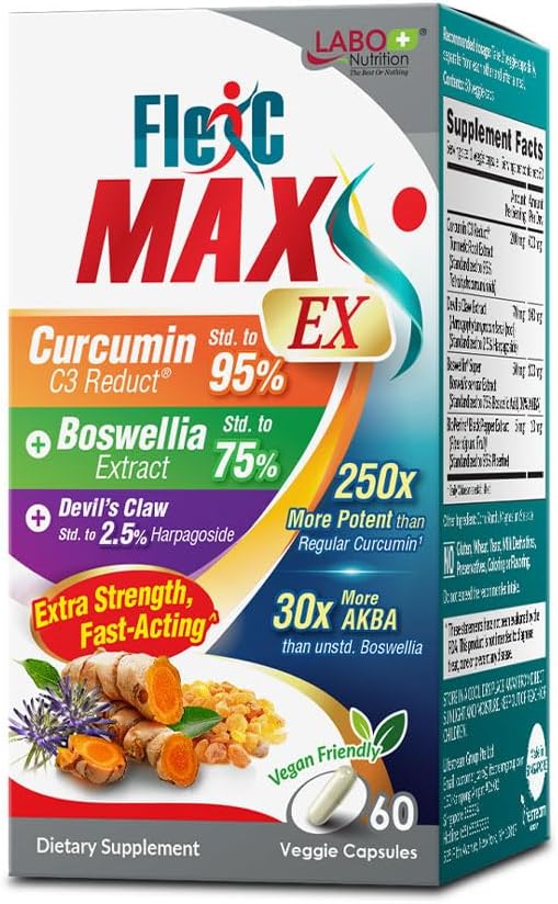 FlexC MAX EX: Turmeric Curcumin C3 Reduct 95% Tetrahydrocurcuminoids, Bioperine, Boswellia & Devil’s Claw for Antioxidation & Joint Relief