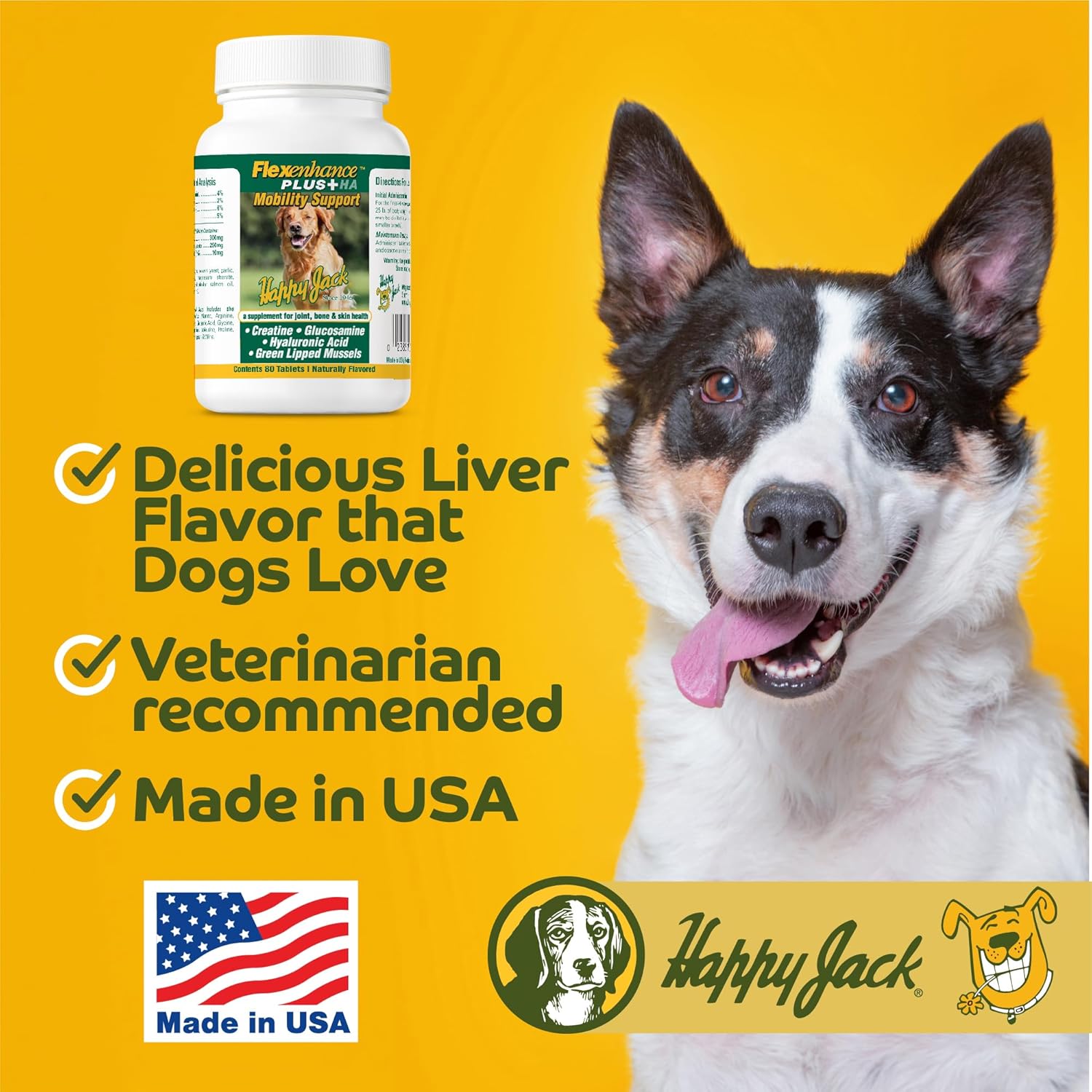 Flexenhance Dog Hip and Joint Supplement with Skin & Coat Support - 80 Chewable Tabs, Improve Flexibility & Mobility - Glucosamine, Green Lipped Mussel, Fish Oil