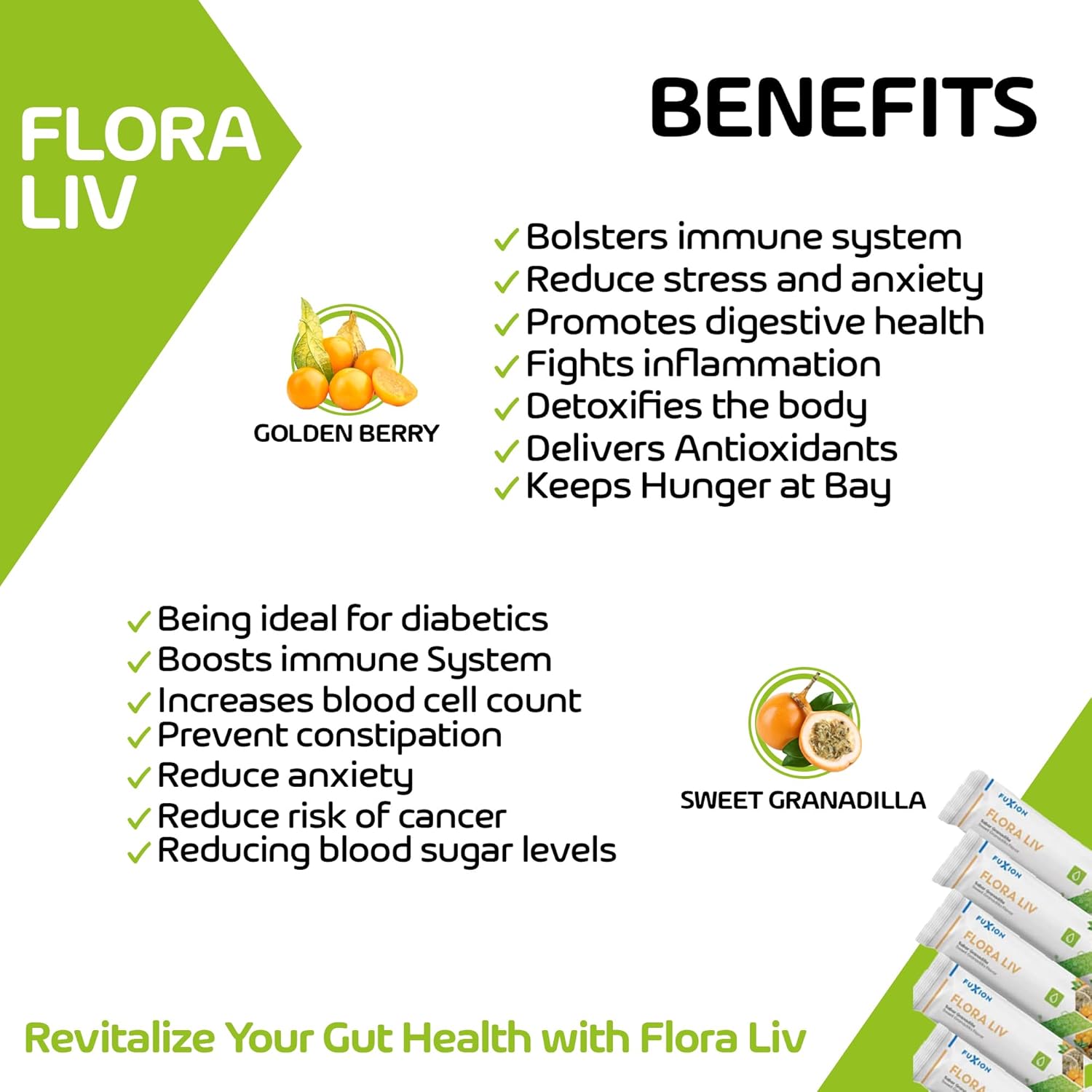 FloBaz FuXion Flora Liv Probiotic Sticks - Granadilla Flavor, 10 Billion Warriors for a Balanced Intestinal Flora