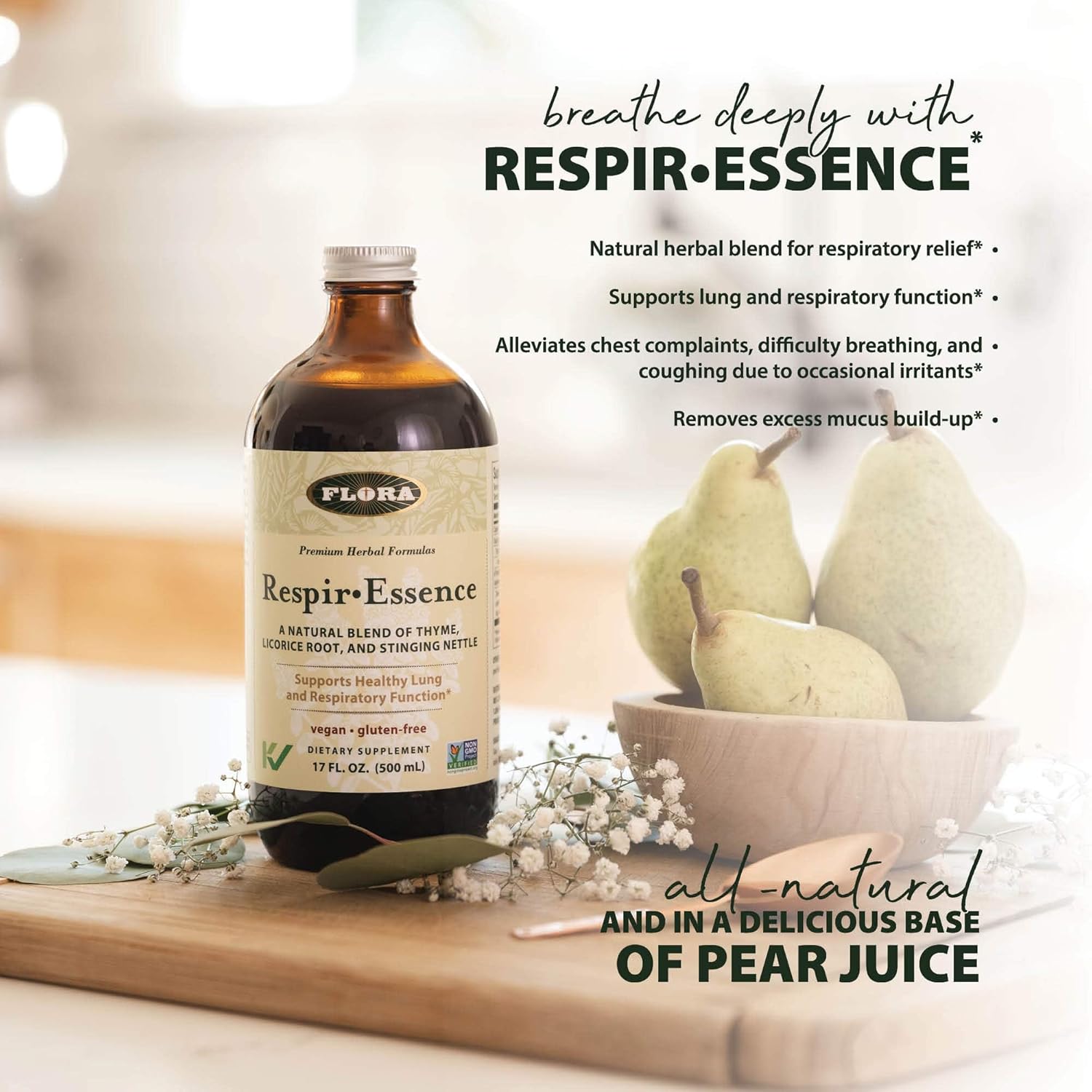 Flora Respir-Essence Lung and Breath Support, Thyme, Licorice Root, Stinging Nettle, Vegan, Gluten-Free, 17 oz Bottle