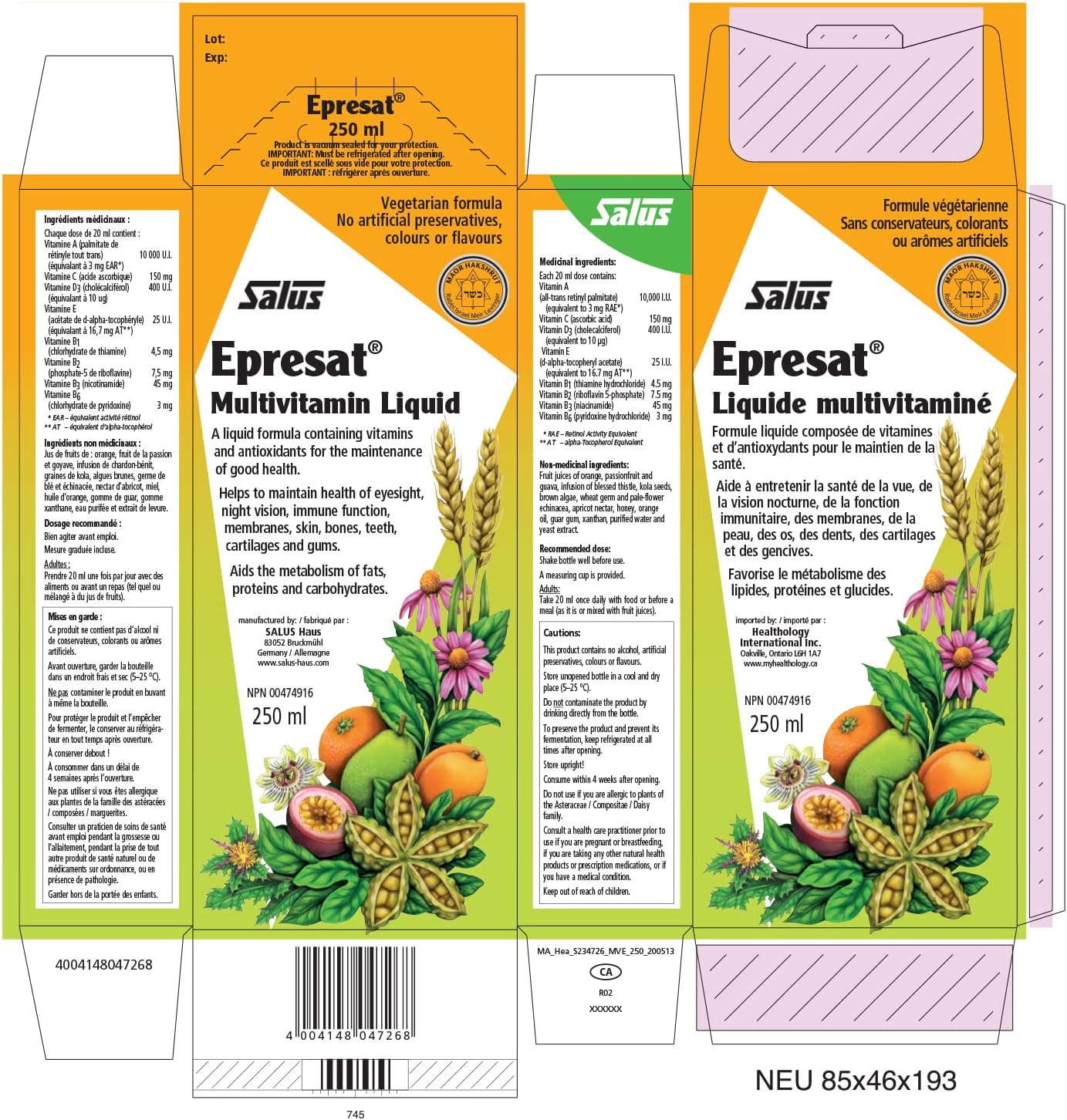 Flora Salus-Haus Floradix Epresat Adult Liquid Multi Vitamin 8.5 Fl Oz, Fast Absorption, Vegetarian Formula for Men & Women