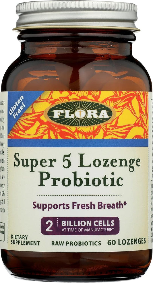 Flora Super 5 Raspberry Flavored Probiotic Lozenges - Oral Probiotic for Bad Breath, 2 Billion CFU, Gut Health, 60 Lozenges