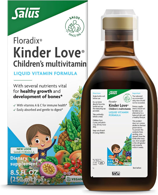 Floradix Kinder Love Vegan Gluten-Free Liquid Multivitamin for Kids, 8.5 Fl Oz - Supports Healthy Development