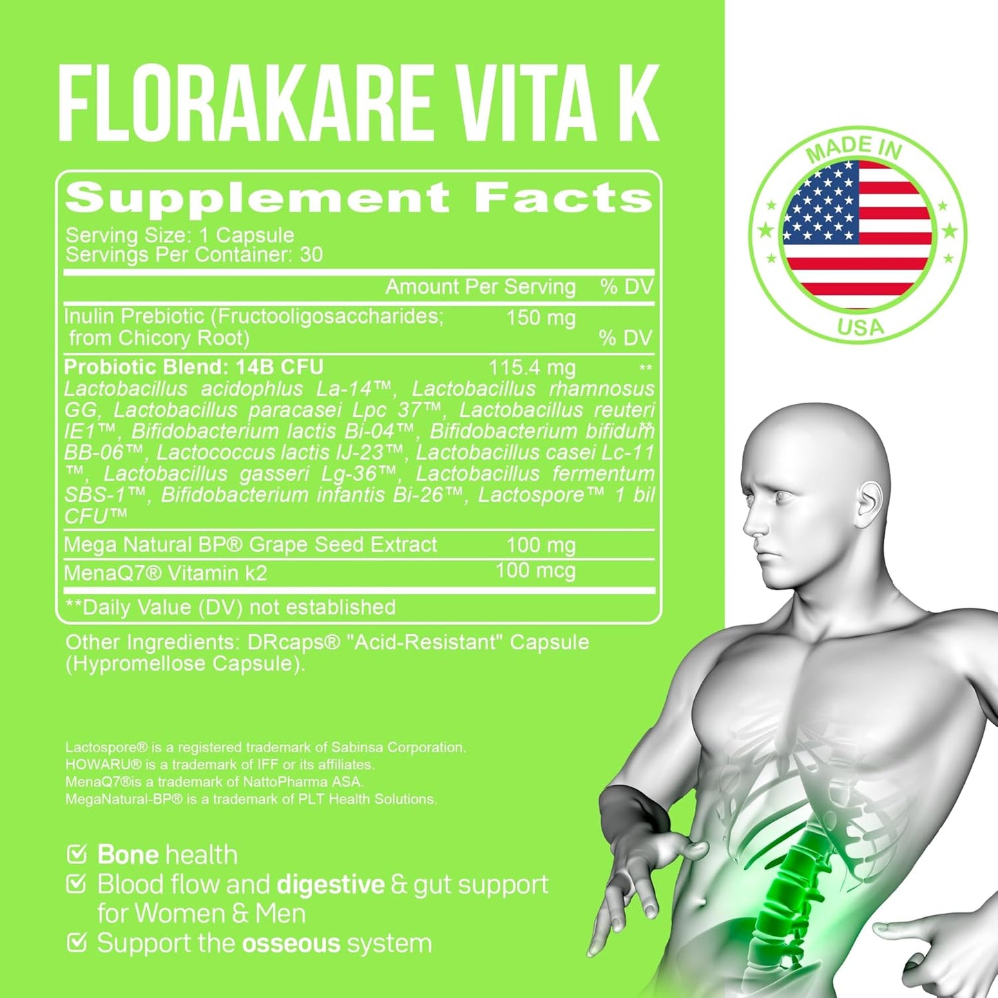 Florakare Senior All In One Supplement for Bone, Blood Flow, Digestive & Gut Health - Vitamin K2, Grape Seed Extract, Probiotics - 30 Day Supply