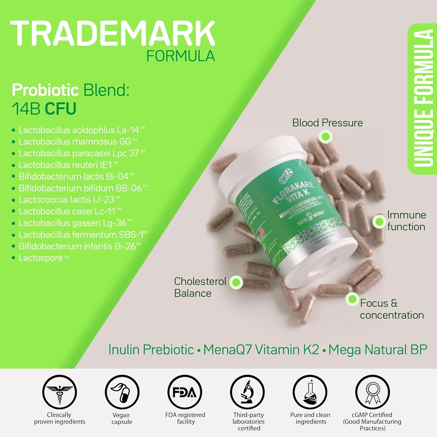 Florakare Seniors Premium All In One Supplement for Bone Health, Blood Flow, Digestive Support - Vitamin K2, Grape Seed Extract, Probiotics - 30 Day Supply