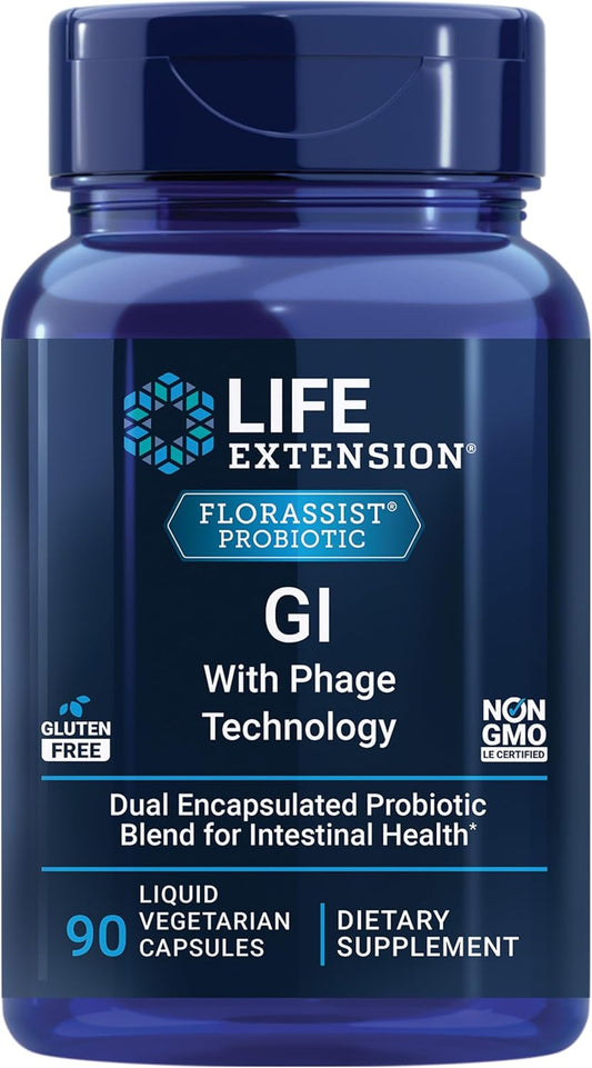 FLORASSIST GI with Phage Technology: Probiotic Support for Digestive Health, Nutrient Absorption - 90 Liquid Vegetarian Capsules