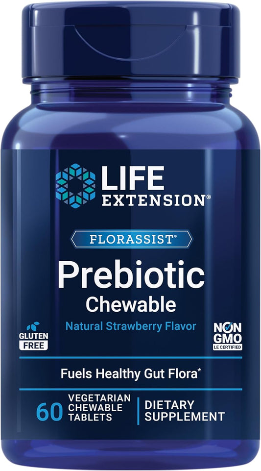 FLORASSIST® Prebiotic Chewable Strawberry Tablets - 1000mg Xylooligosaccharides, Gut Flora Fuel Supplement, Gluten-Free, Non-GMO, Vegetarian - 60 Tablets