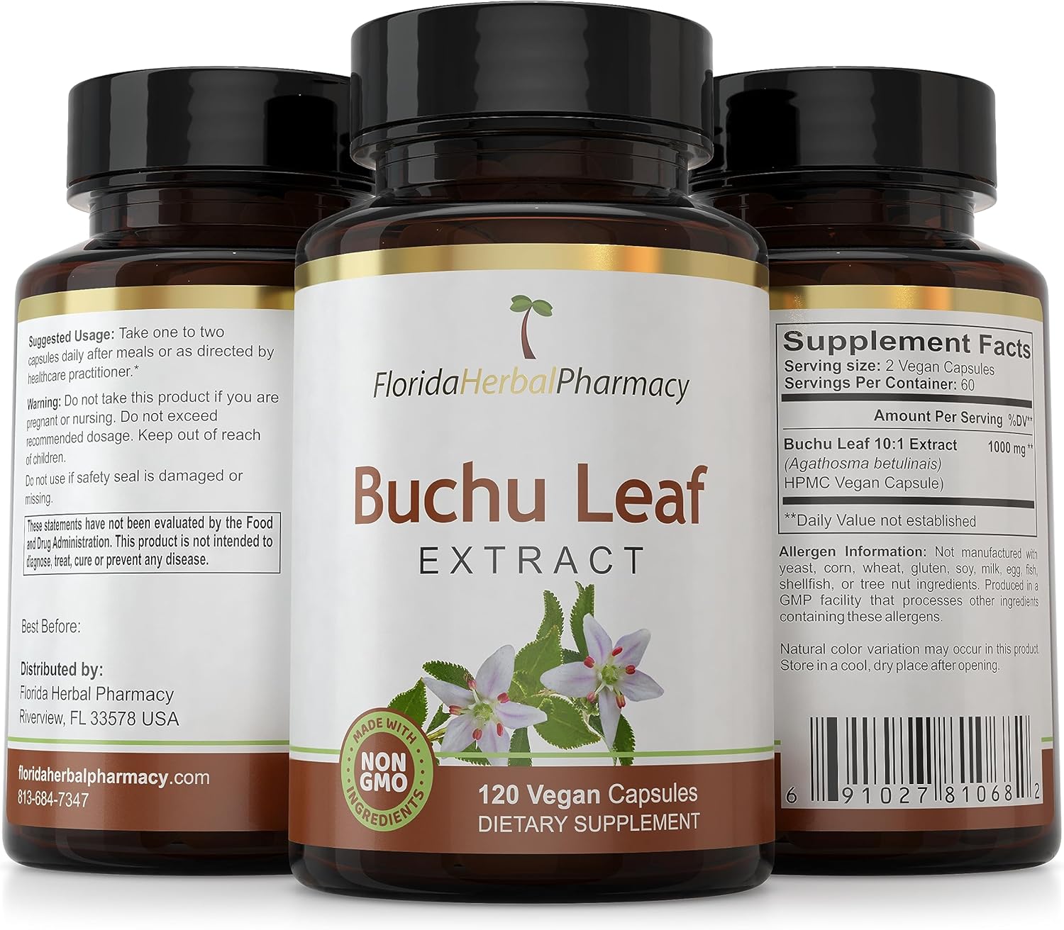 Florida Herbal Pharmacy Buchu Leaf Extract Capsules 10:1 - 120 Capsules, 500mg Each for a 1000mg Serving Size