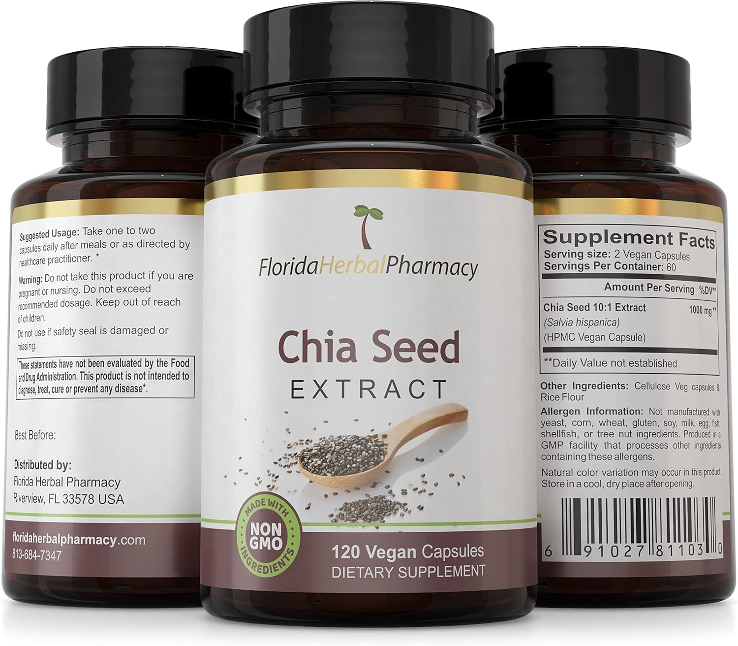 Florida Herbal Pharmacy Chia Seed Extract Capsules 10:1 - 120 Capsules, 500 mg - Pure and Natural Dietary Supplement from Florida Herbal Pharmacy