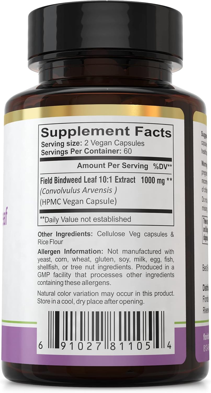 Florida Herbal Pharmacy Convolvulus Arvensis Leaf Extract Capsules - 120 Capsules, 500mg per Capsule, 10:1 Extract Ratio, 1000mg Serving Size.