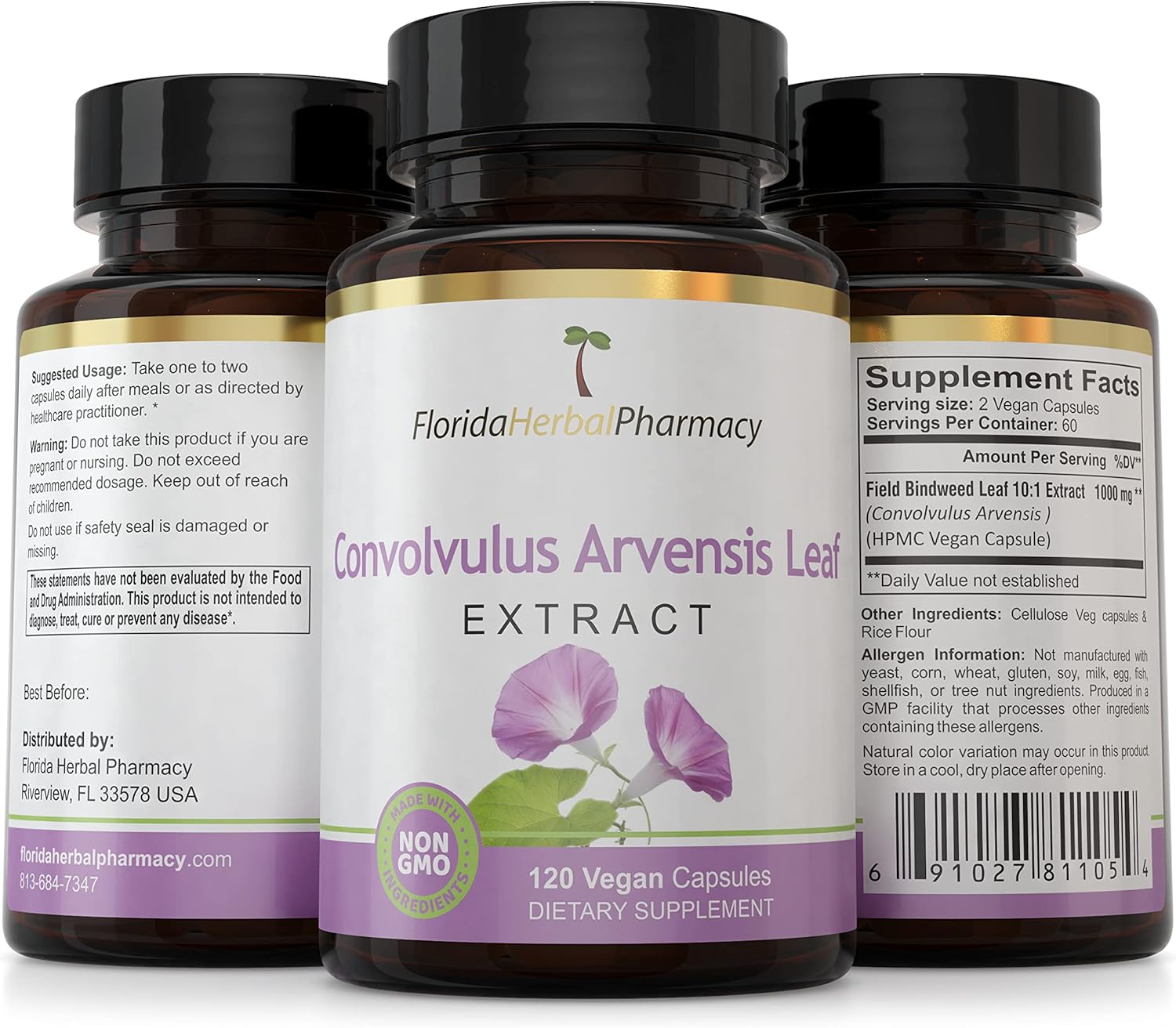 Florida Herbal Pharmacy Convolvulus Arvensis Leaf Extract Capsules - 120 Capsules, 500mg per Capsule, 10:1 Extract Ratio, 1000mg Serving Size.