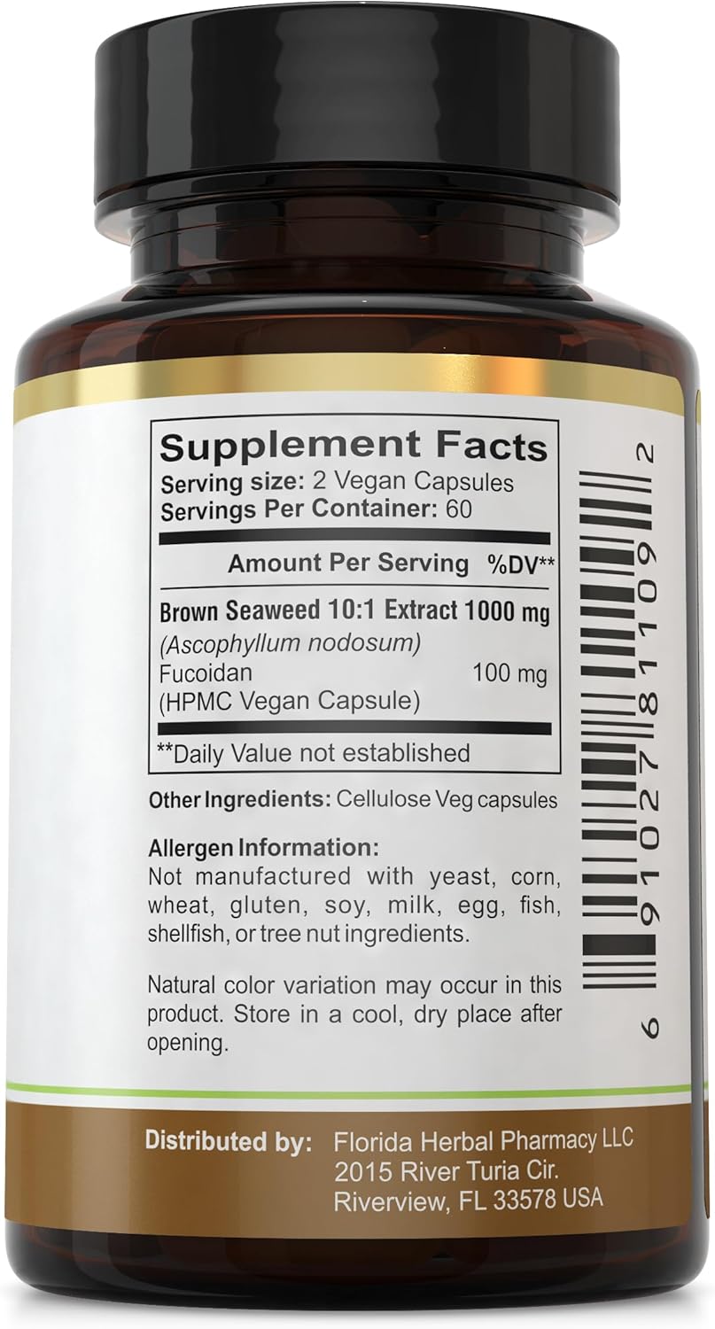 Florida Herbal Pharmacy Fucoidan Extract Capsules - 10:1 Concentration (120 Capsules, 500mg) - High Potency Formula for Immune Support