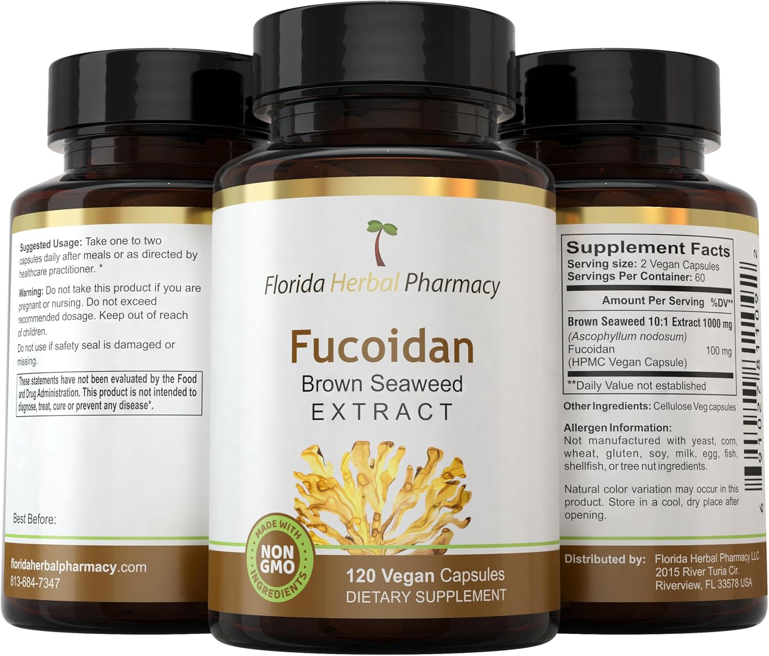 Florida Herbal Pharmacy Fucoidan Extract Capsules - 10:1 Concentration (120 Capsules, 500mg) - High Potency Formula for Immune Support