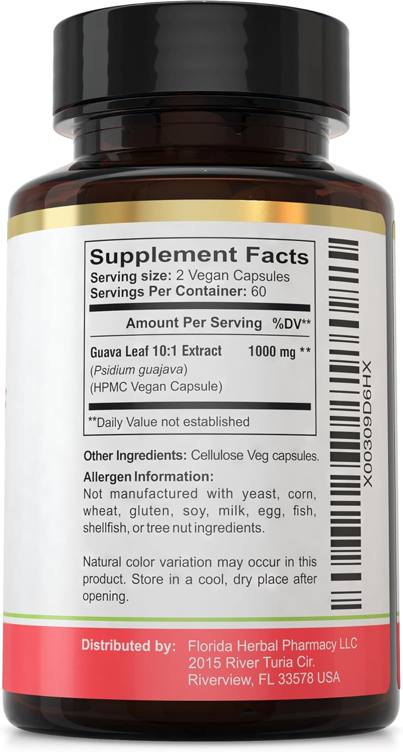 Florida Herbal Pharmacy Guava Leaf Extract Capsules - 10:1 Concentration (120 Capsules, 500mg Each) - 1000mg Serving Size