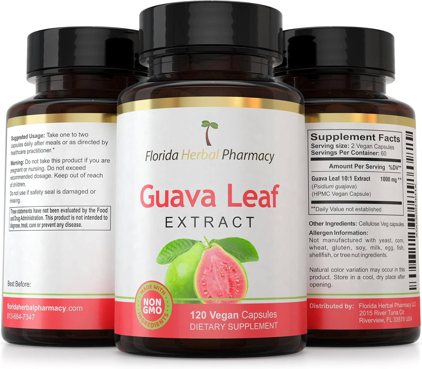 Florida Herbal Pharmacy Guava Leaf Extract Capsules - 10:1 Concentration (120 Capsules, 500mg Each) - 1000mg Serving Size