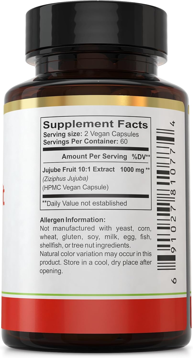 Florida Herbal Pharmacy Jujube Fruit Extract Capsules - 10:1 Extract Ratio, 120 Capsules, 500mg per Capsule, 1000mg Serving Size