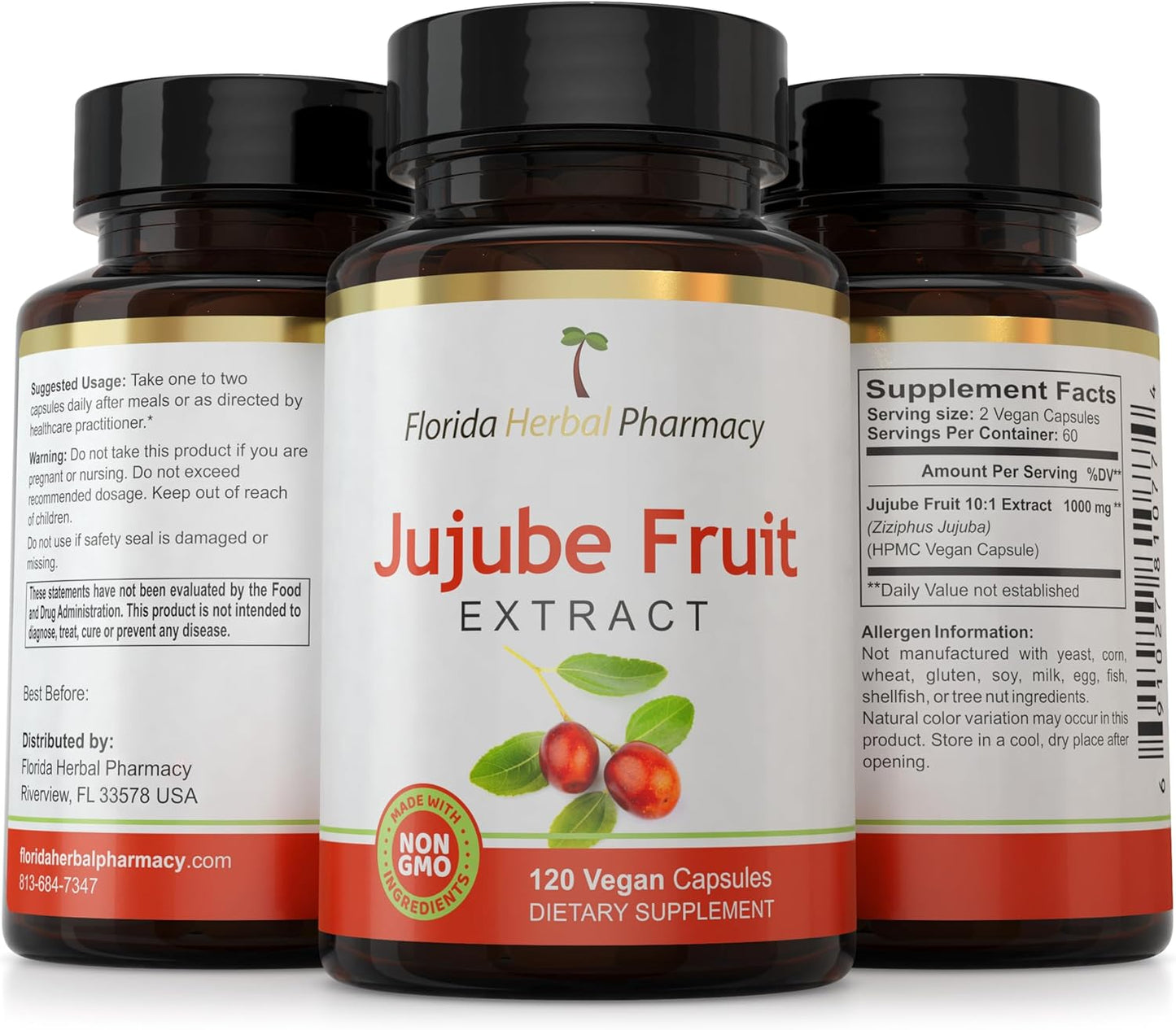 Florida Herbal Pharmacy Jujube Fruit Extract Capsules - 10:1 Extract Ratio, 120 Capsules, 500mg per Capsule, 1000mg Serving Size