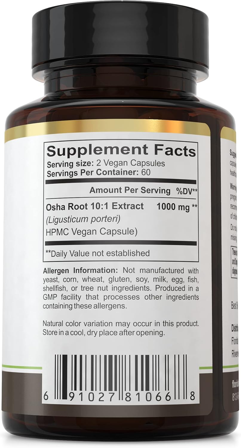 Florida Herbal Pharmacy OSHA Root Extract Capsules - 10:1 Extract Ratio, 120 Capsules, 500mg/capsule, 1000mg Serving Size