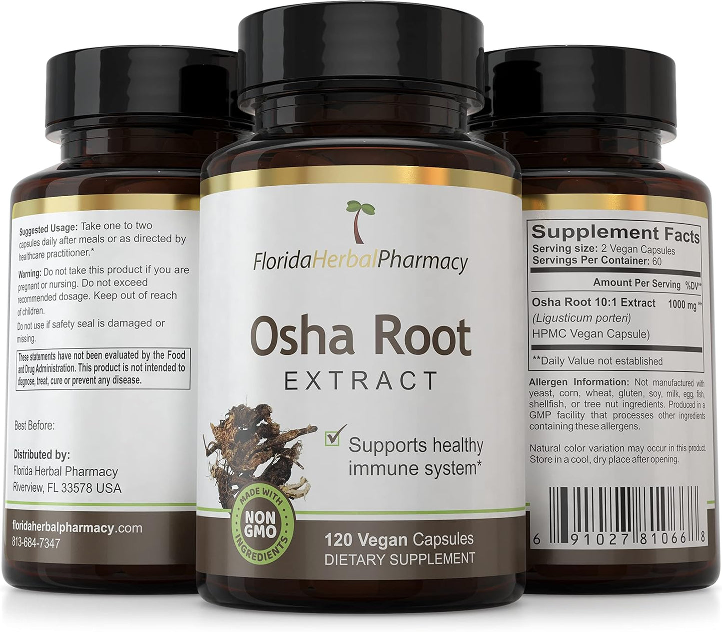 Florida Herbal Pharmacy OSHA Root Extract Capsules - 10:1 Extract Ratio, 120 Capsules, 500mg/capsule, 1000mg Serving Size