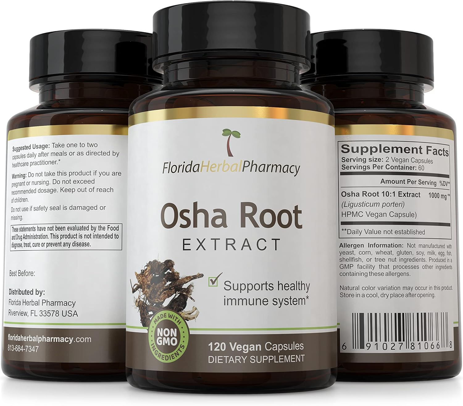 Florida Herbal Pharmacy OSHA Root Extract Capsules - 10:1 Extract Ratio, 120 Capsules, 500mg/capsule, 1000mg Serving Size