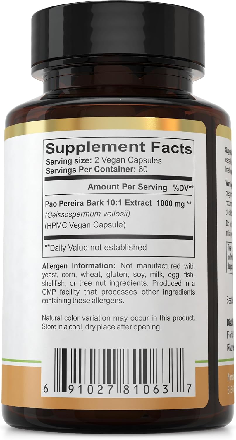 Florida Herbal Pharmacy Pao Pereira Bark Extract Capsules 500mg - 120 Capsules - 10:1 Extract Ratio - 1000mg Serving Size