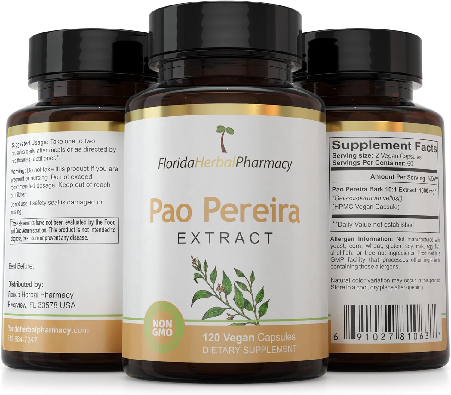 Florida Herbal Pharmacy Pao Pereira Bark Extract Capsules 500mg - 120 Capsules - 10:1 Extract Ratio - 1000mg Serving Size