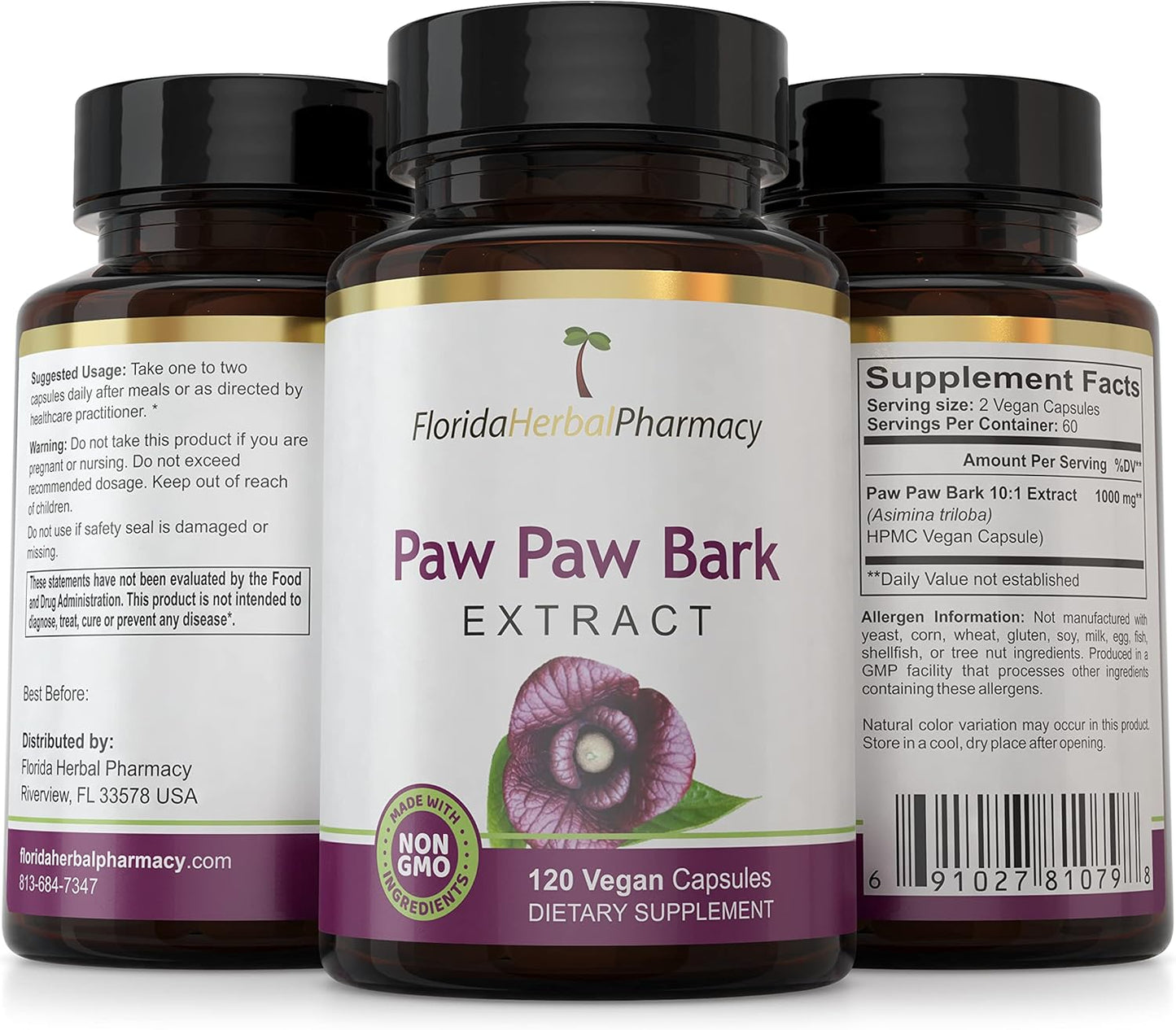 Florida Herbal Pharmacy Paw Paw Extract Capsules 10:1 - 120 Capsules, 500mg Per Capsule for Immune Support - Pack of 1