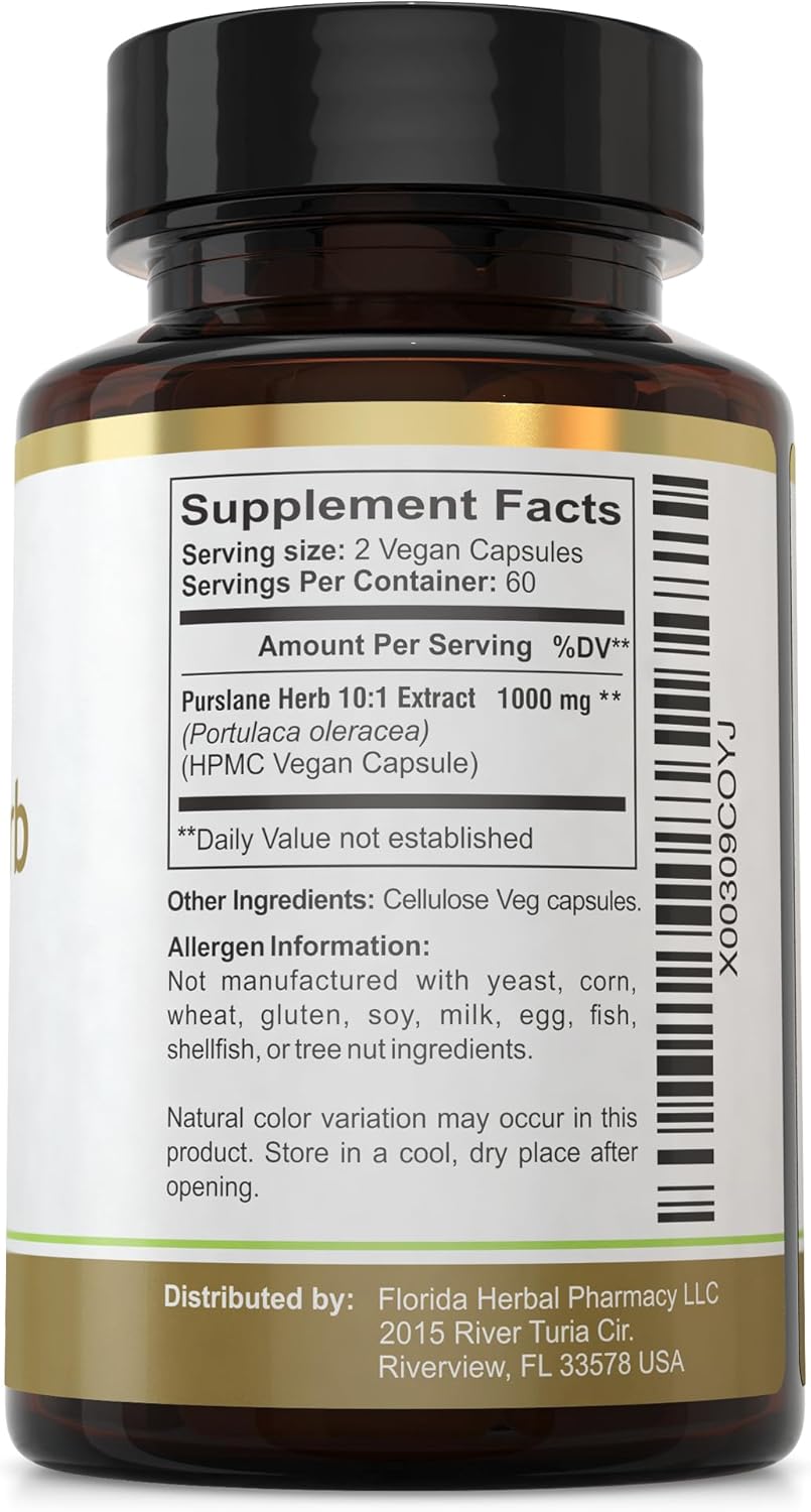 Florida Herbal Pharmacy Purslane Herb Extract Capsules 10:1 (120 Capsules) - 500mg per Capsule, 1000mg Serving Size