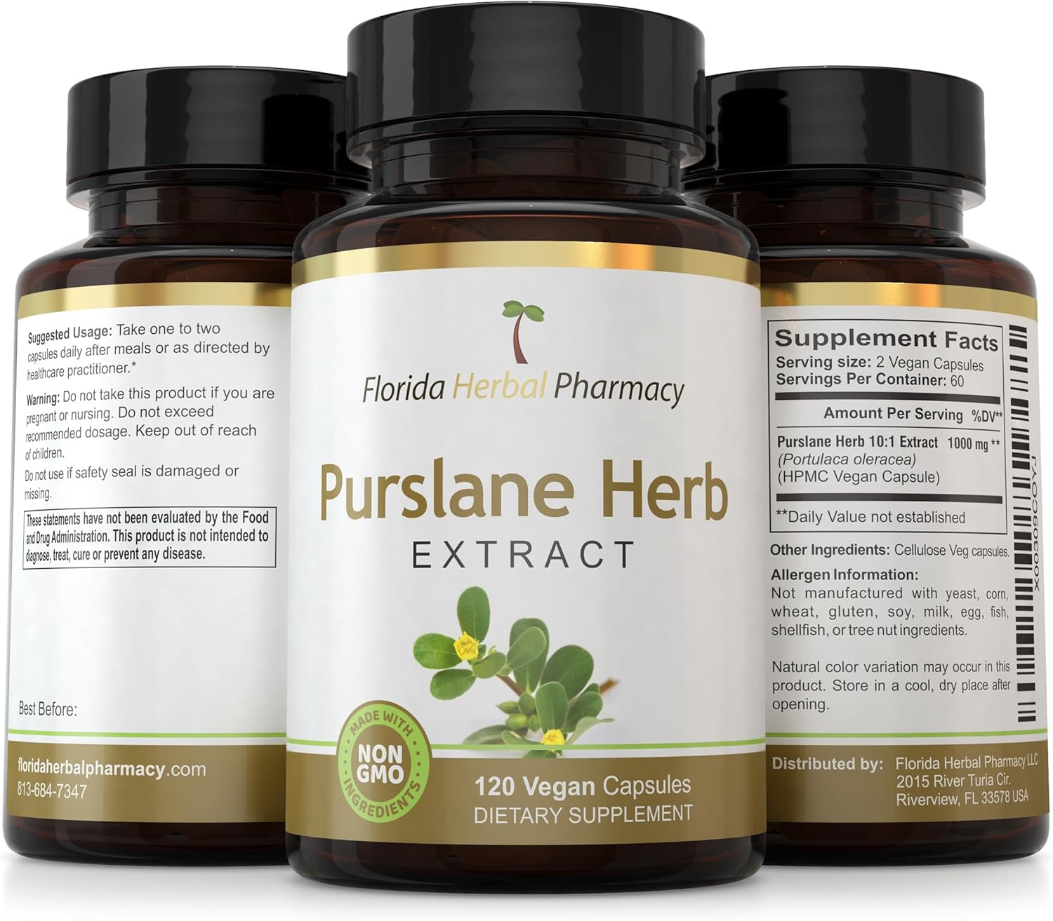Florida Herbal Pharmacy Purslane Herb Extract Capsules 10:1 (120 Capsules) - 500mg per Capsule, 1000mg Serving Size