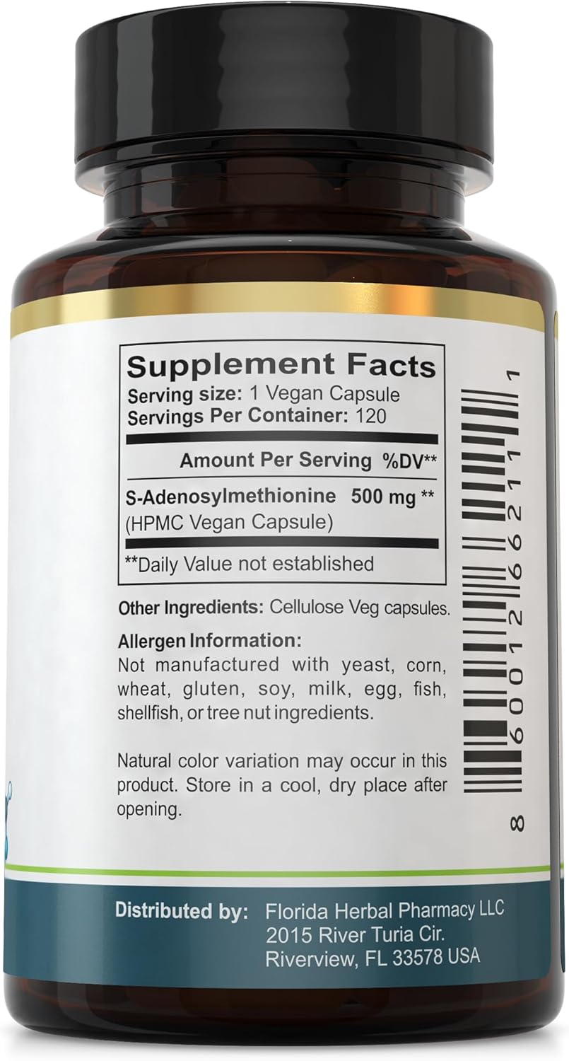 Florida Herbal Pharmacy SAM-e Supplement Capsules - 120 Capsules, 500mg per Capsule, High-Quality S-Adenosylmethionine