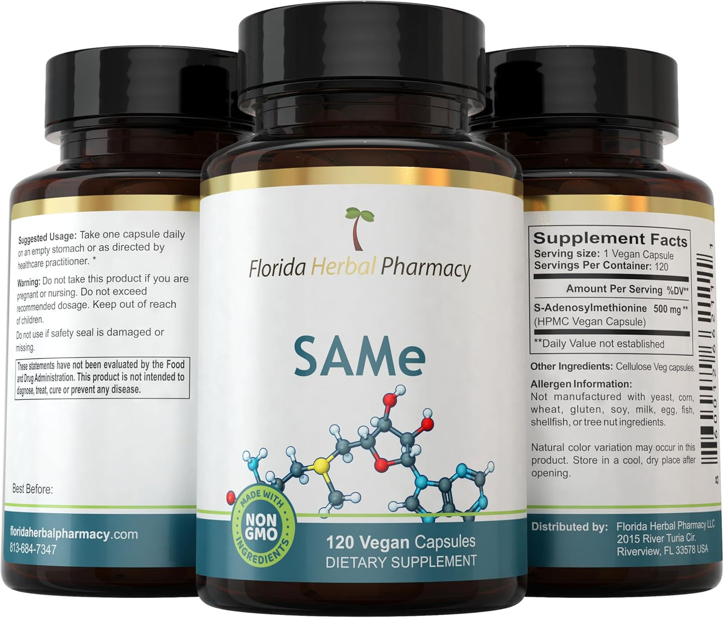 Florida Herbal Pharmacy SAM-e Supplement Capsules - 120 Capsules, 500mg per Capsule, High-Quality S-Adenosylmethionine