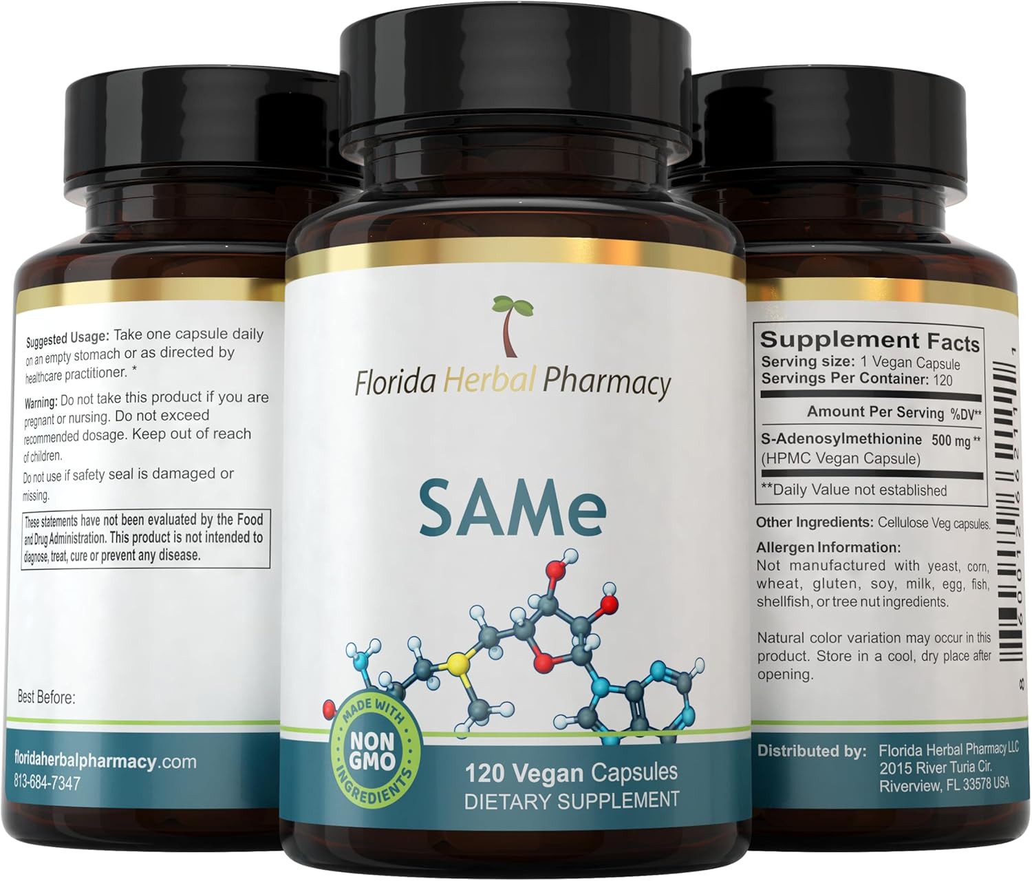 Florida Herbal Pharmacy SAM-e Supplement Capsules - 120 Capsules, 500mg per Capsule, High-Quality S-Adenosylmethionine