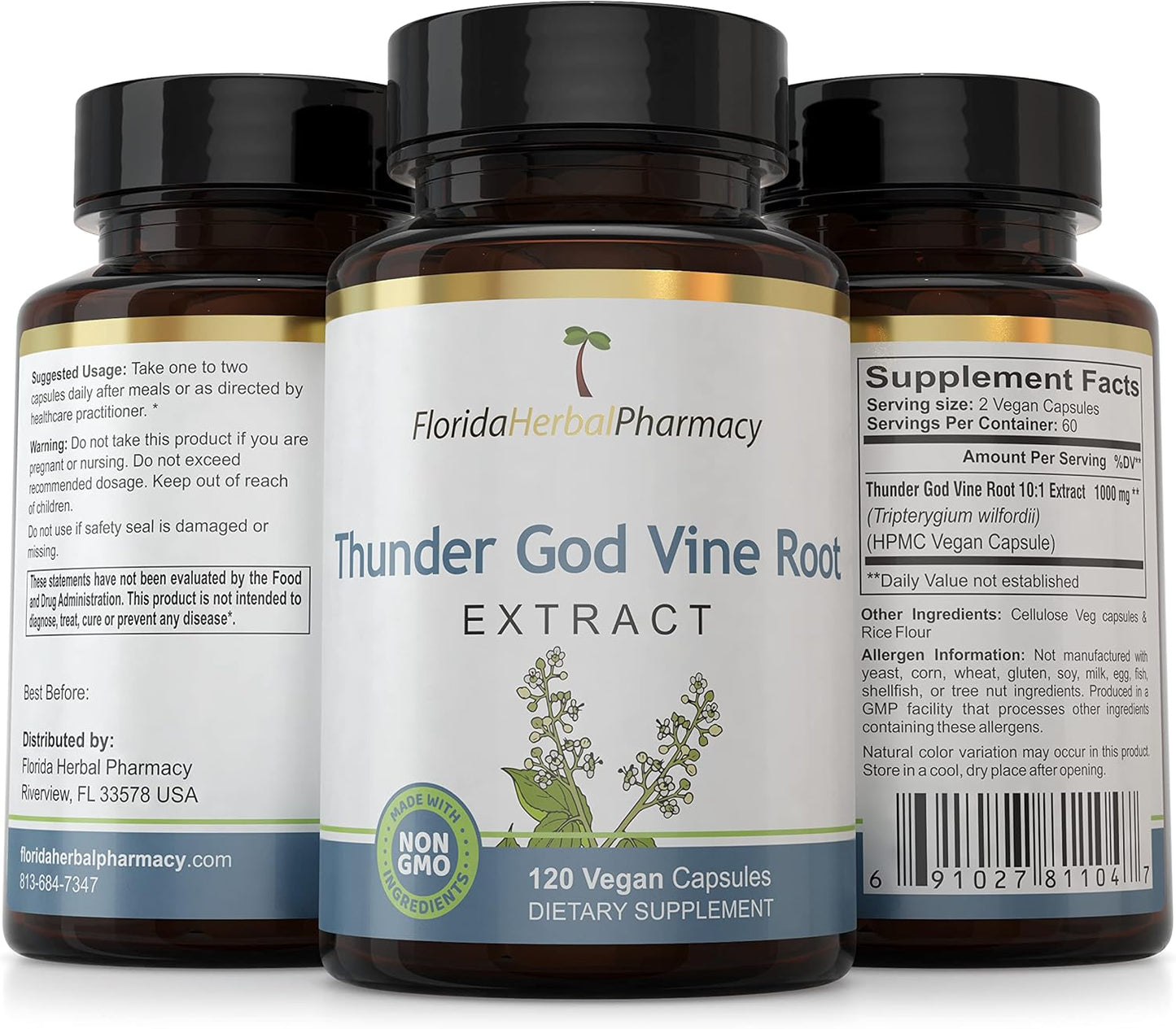 Florida Herbal Pharmacy Thunder God Vine Root Extract Capsules 10:1 120 Capsules, 500mg per Capsule, 1000mg Serving Size
