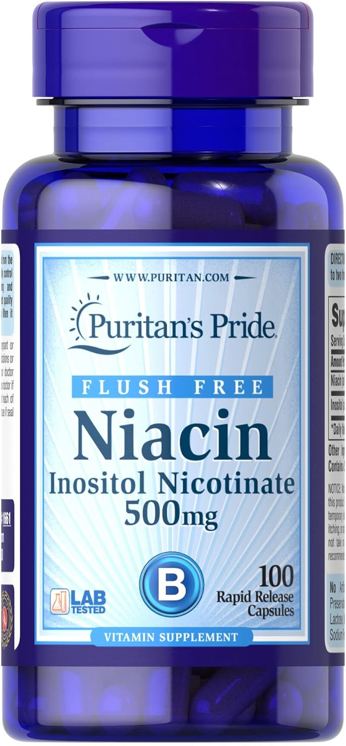 Flush Free Niacin 500mg Capsules - Puritan's Pride, 100 Count Bottle - Non-Flushing Vitamin B3 Supplement
