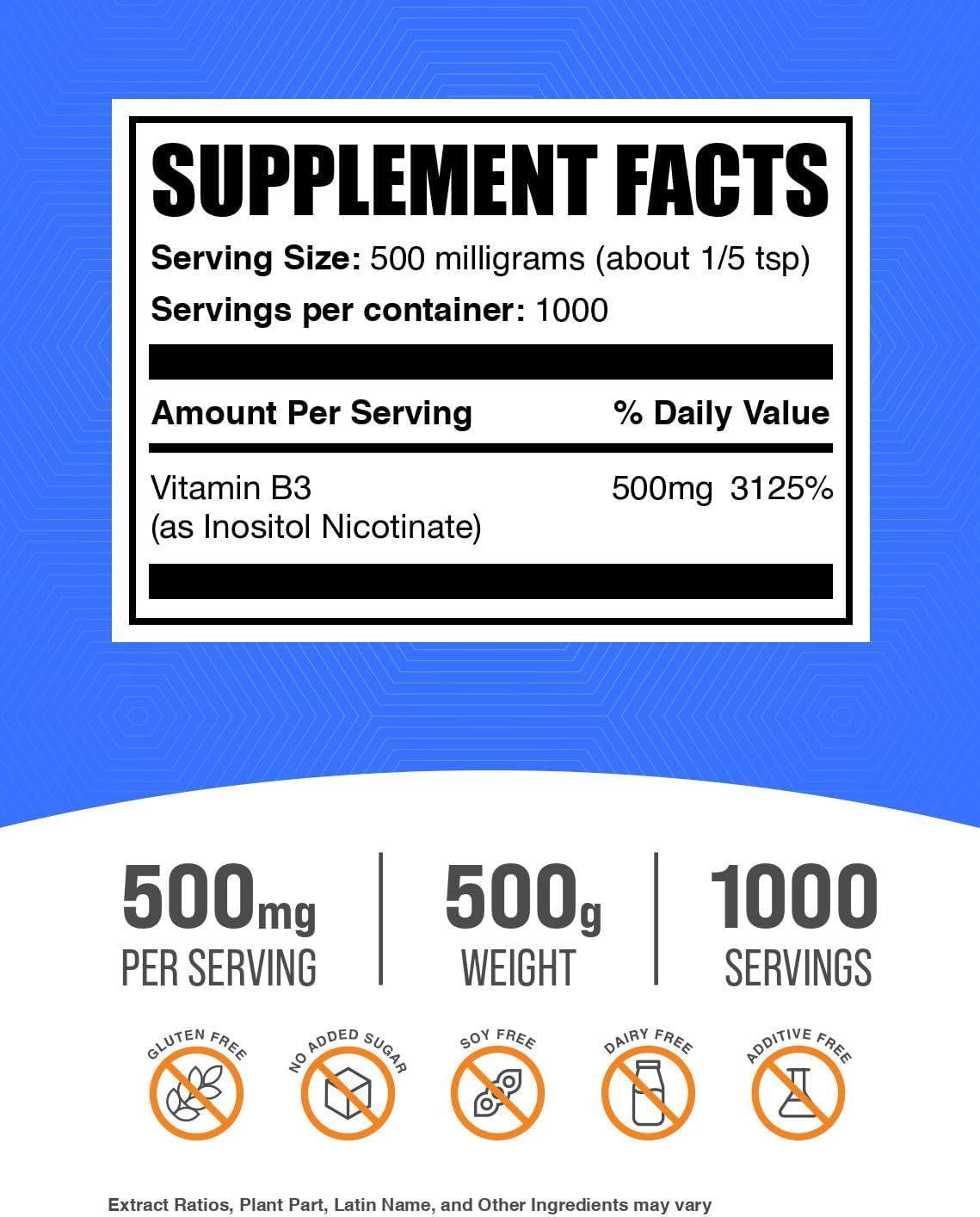 Flush Free Niacin Powder 500mg - Gluten Free Vitamin B3 Supplement - Inositol Hexanicotinate - 500g (1.1 lbs) Pack of 1