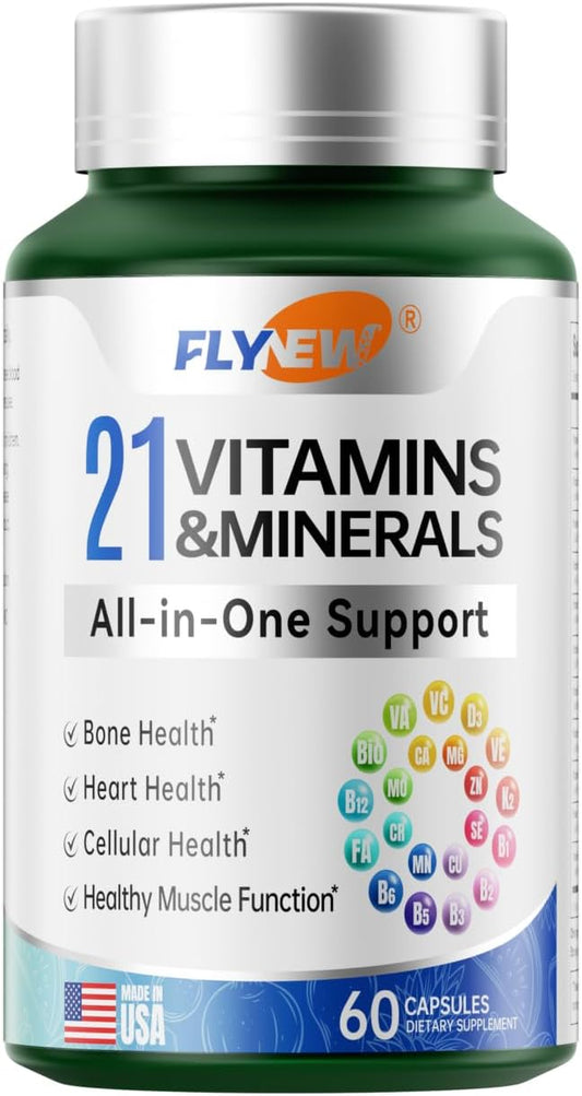 Flynew 21 Vitamins and Minerals Multivitamin Supplement for Vision, Immune, Bone, Liver Support - 60 Capsules