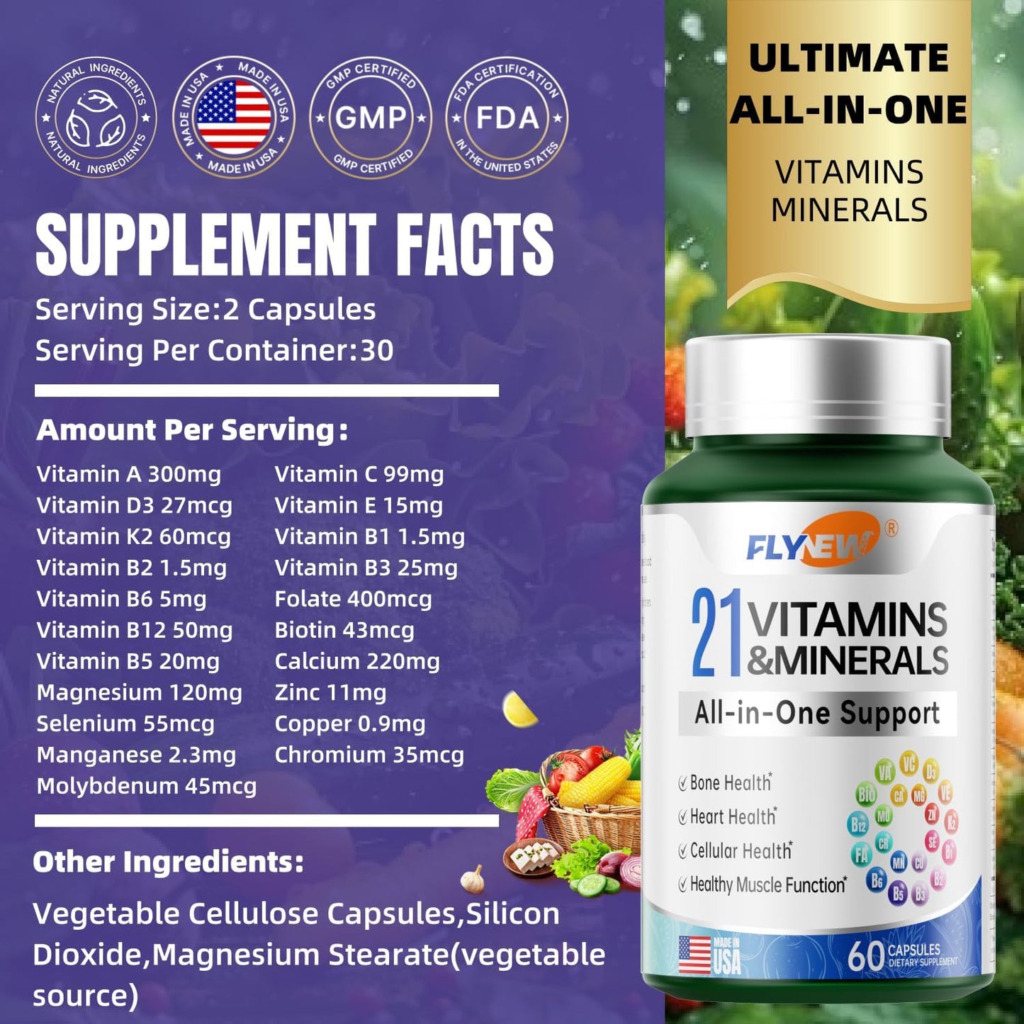 Flynew 21 Vitamins and Minerals Multivitamin Supplement for Vision, Immune, Bone, Liver Support - 60 Capsules