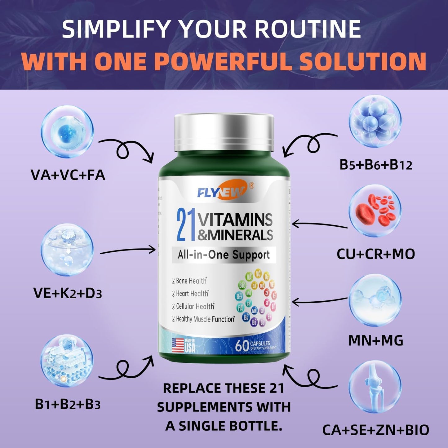 Flynew 21 Vitamins and Minerals Multivitamin Supplement for Vision, Immune, Bone, Liver Support - 60 Capsules