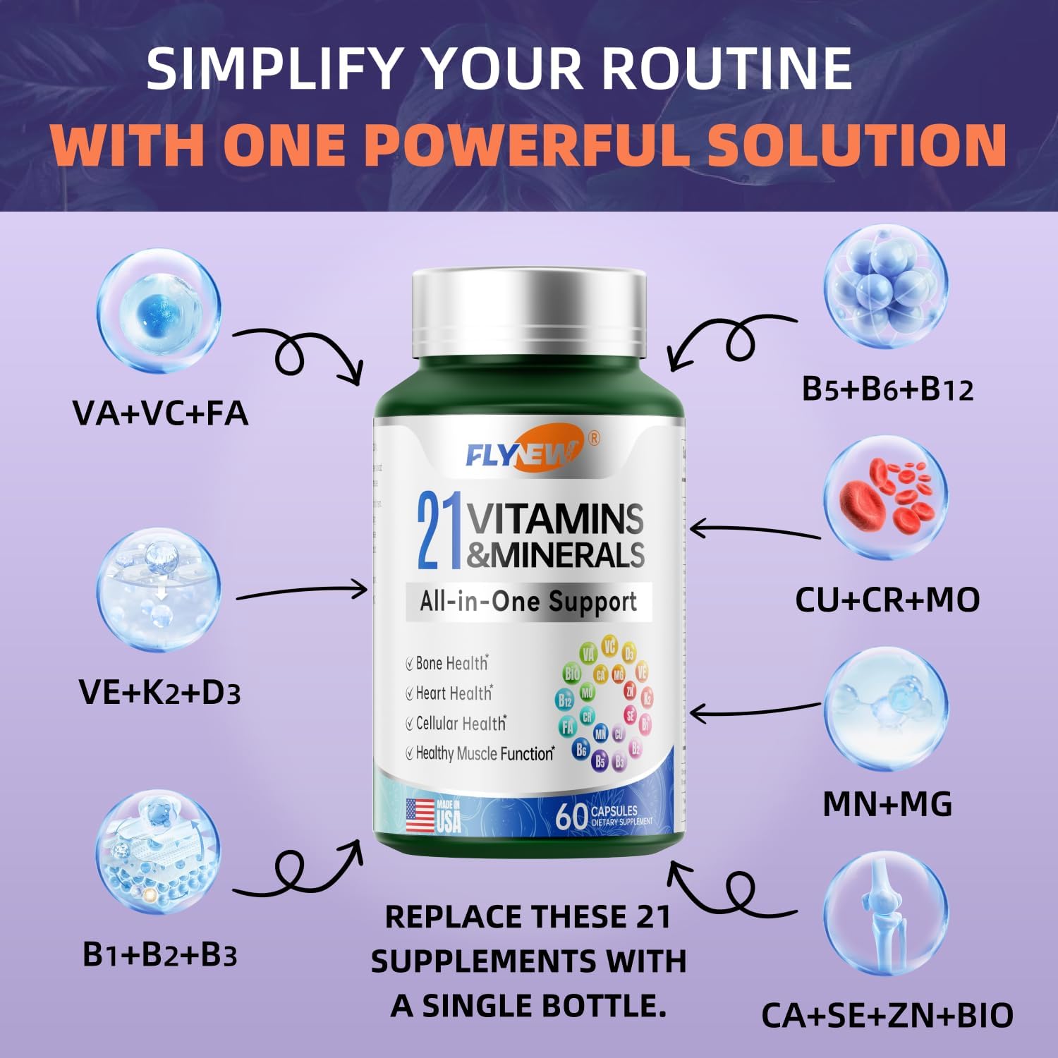 Flynew 21 Vitamins and Minerals Multivitamin Supplement for Vision, Immune, Bone, Liver Support - 60 Capsules