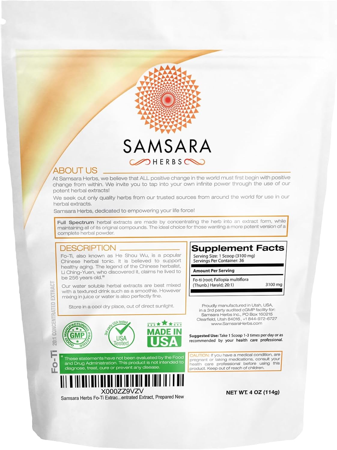 Fo-Ti Extract Powder (4oz/114g) - High Potency He Shou Wu Supplement - 20:1 Concentrated Extract Formula by Samsara Herbs