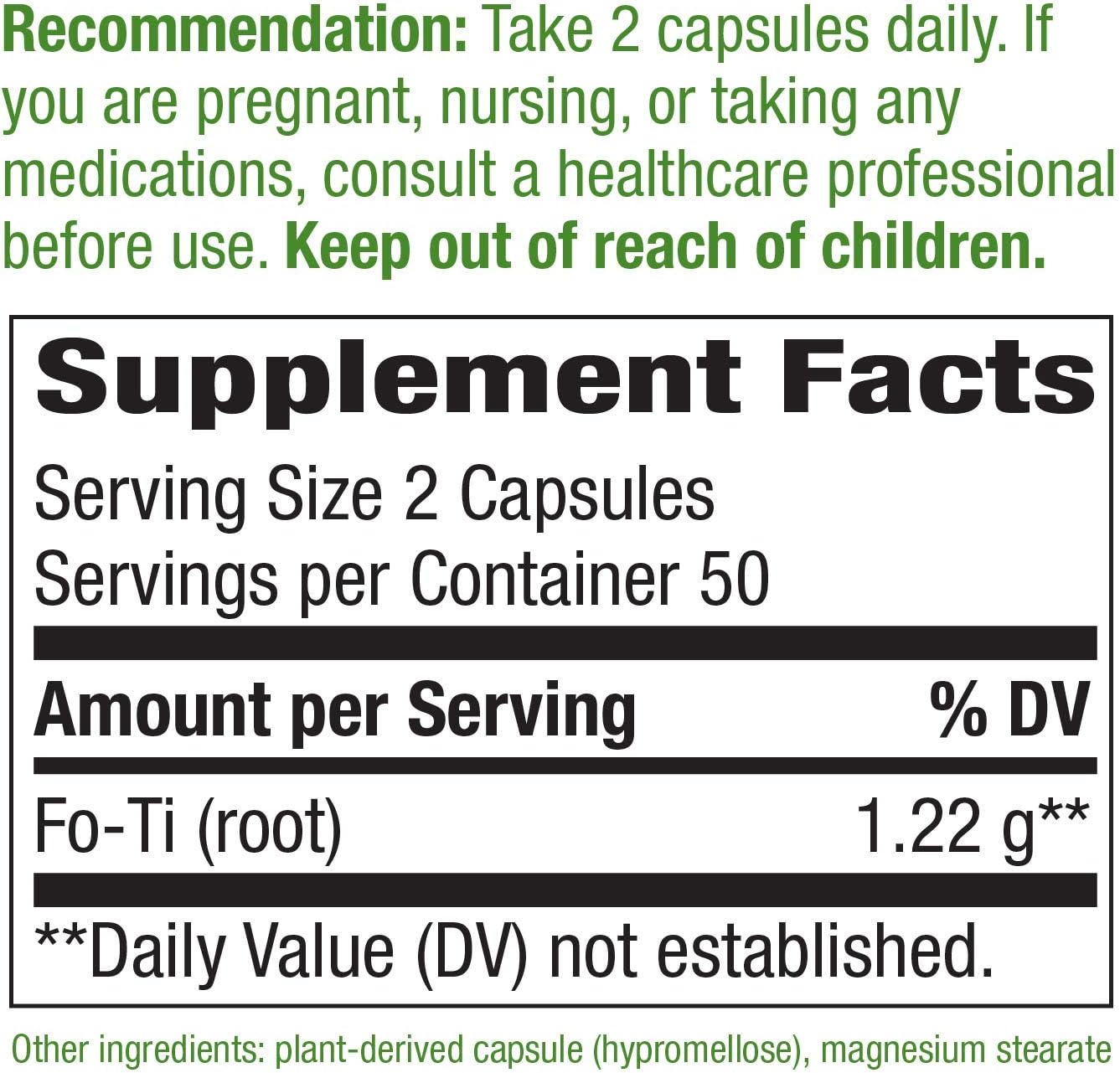 Fo-Ti Root Capsules - 1,220 mg per Serving - Traditional Chinese Herb - 100 Capsules x 2 Pack