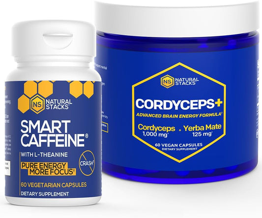 Focus & Brain Energy Bundle: Natural Stacks Smart Caffeine + Cordyceps Mushroom - 120 Capsules
