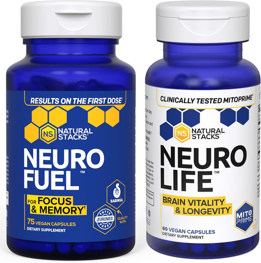 Focus, Memory, and Brain Longevity Bundle - Natural Stacks NeuroFuel Nootropic + NeuroLife Supplements - 135 Capsules for Brain Health