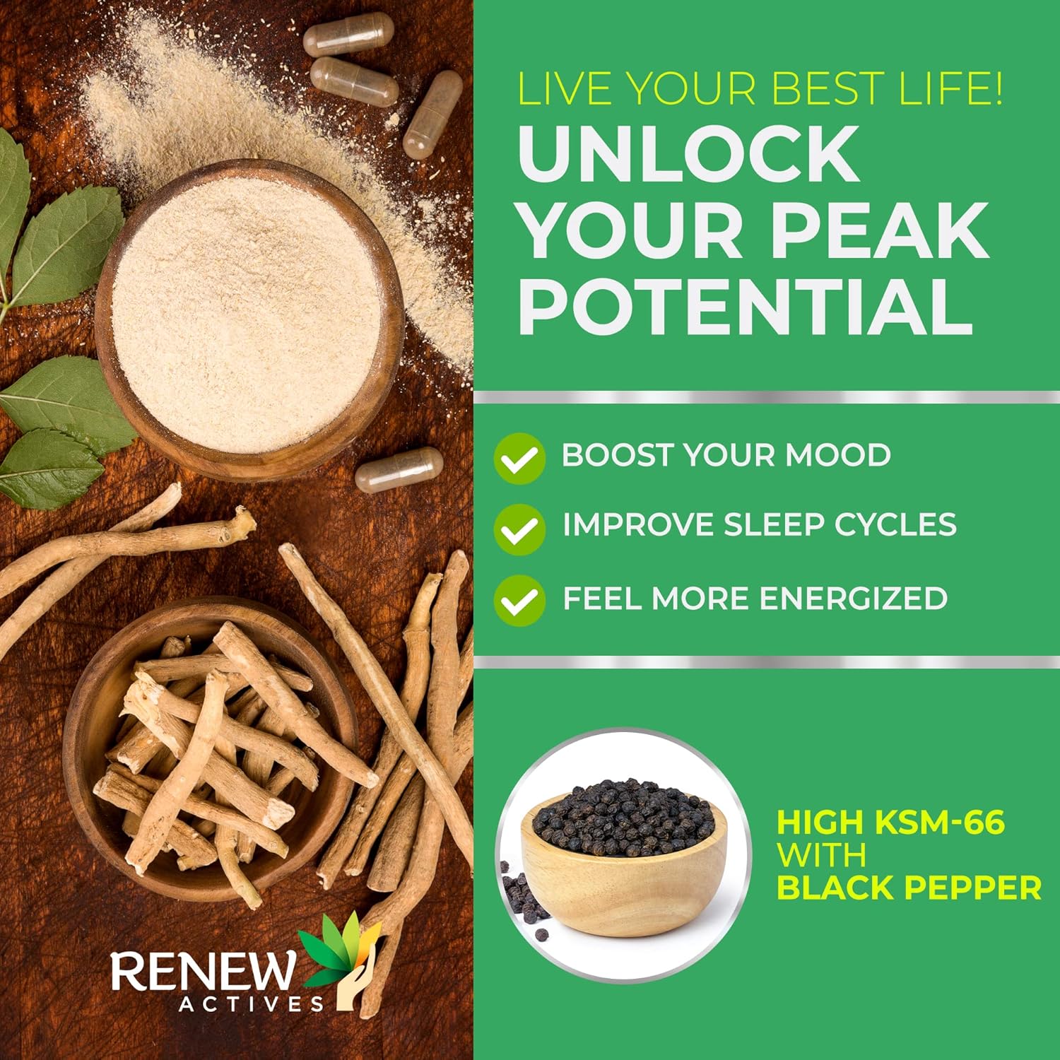 Focus & Mood Support: Renew Actives Ashwagandha KSM 66 Supplement with Black Pepper - Energy Boost & Sleep Aid - 120 Capsules