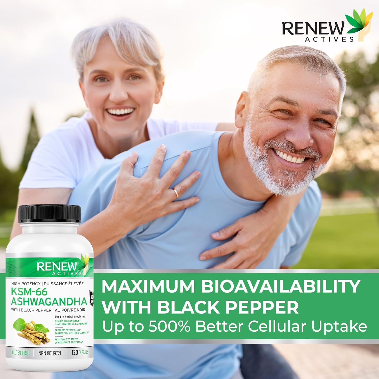 Focus & Mood Support: Renew Actives Ashwagandha KSM 66 Supplement with Black Pepper - Energy Boost & Sleep Aid - 120 Capsules