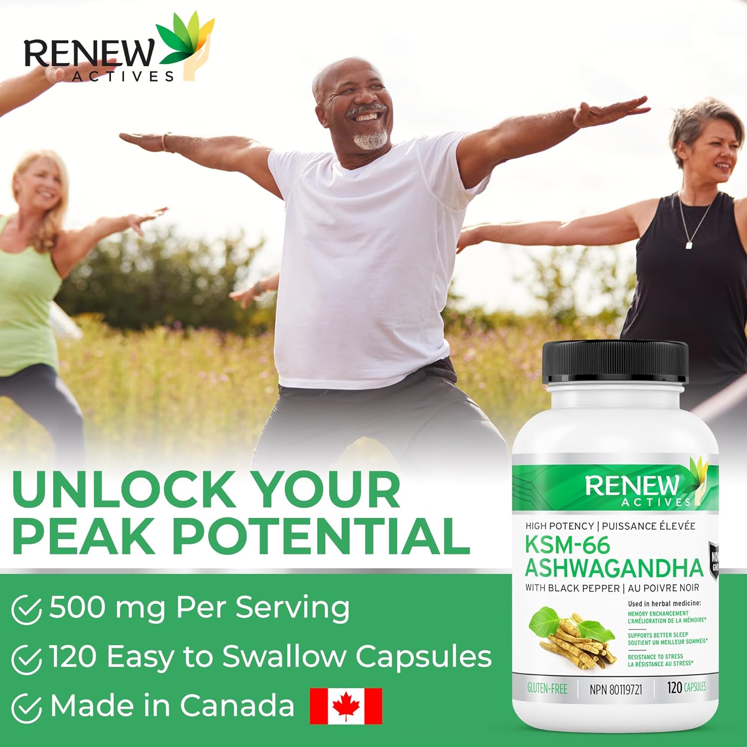 Focus & Mood Support: Renew Actives Ashwagandha KSM 66 Supplement with Black Pepper - Energy Boost & Sleep Aid - 120 Capsules