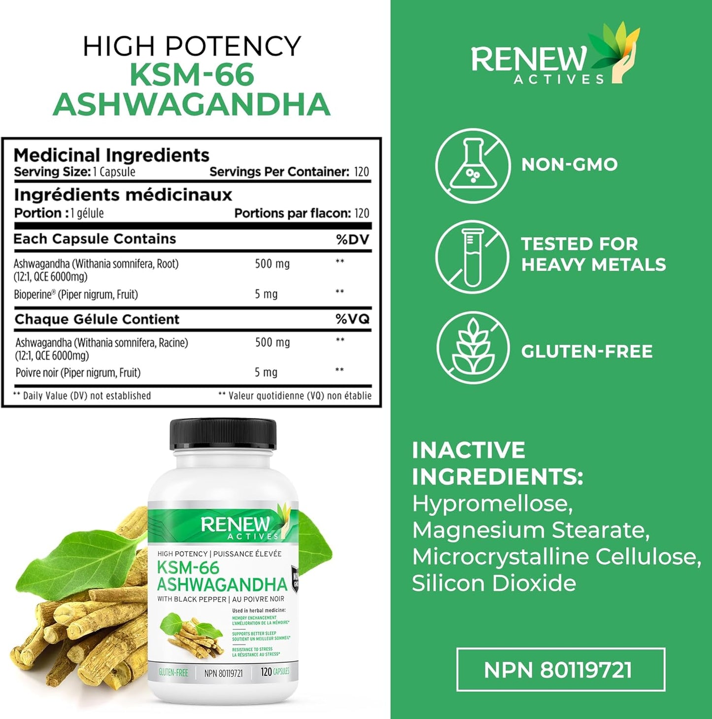 Focus & Mood Support: Renew Actives Ashwagandha KSM 66 Supplement with Black Pepper - Energy Boost & Sleep Aid - 120 Capsules