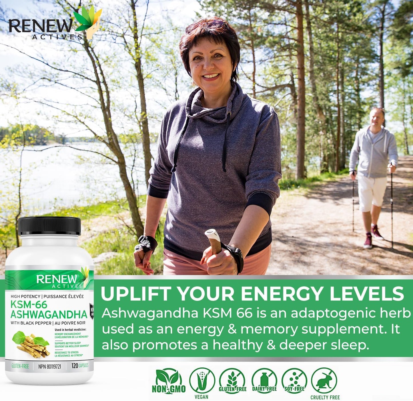 Focus & Mood Support: Renew Actives Ashwagandha KSM 66 Supplement with Black Pepper - Energy Boost & Sleep Aid - 120 Capsules