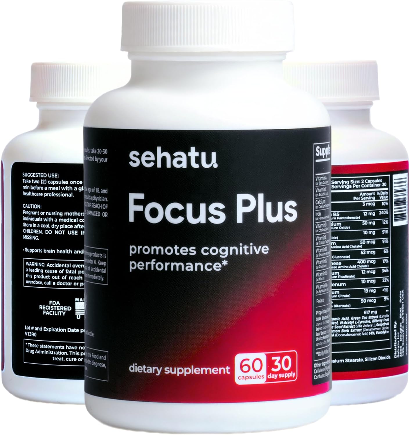 Focus Plus Cognitive Performance Enhancer with N-Acetyl L-Tyrosine, DMAE Bitartrate, GABA, Glutamic Acid | Improve Focus, Memory, Brain Health | 60 Count